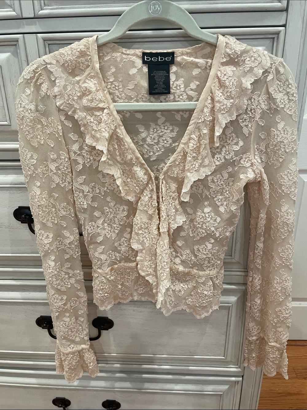 Bebe Cream Lace Ruffle Long-Sleeve Blouse